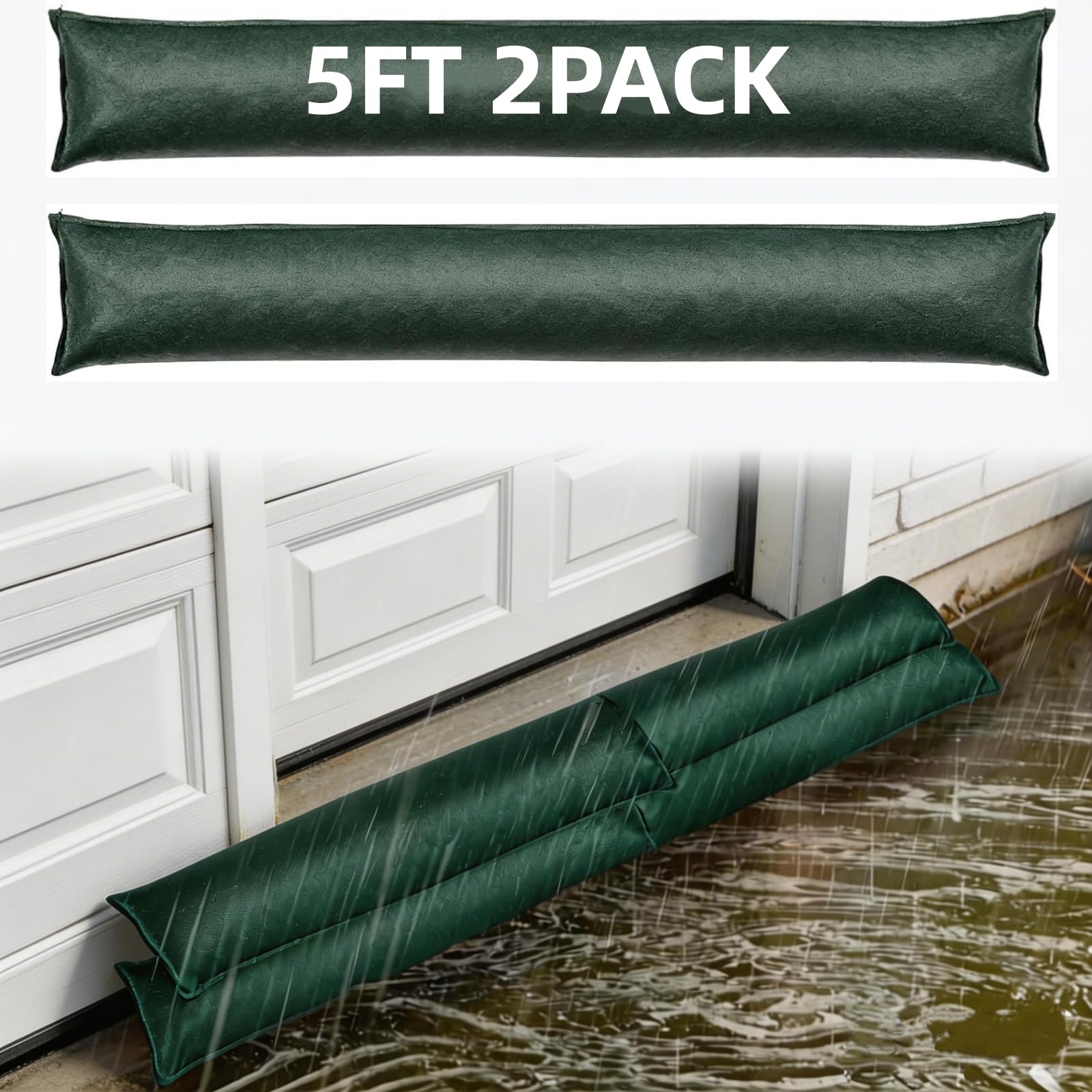 2 Pack 5ft Flood Prevention Sandbags, Water Activated Flood Barriers, Reusable Water Barrier for Basement, Garage & Doorway, Quick - Fit Flood Control Bags, Long Canvas Sandbags (Green)