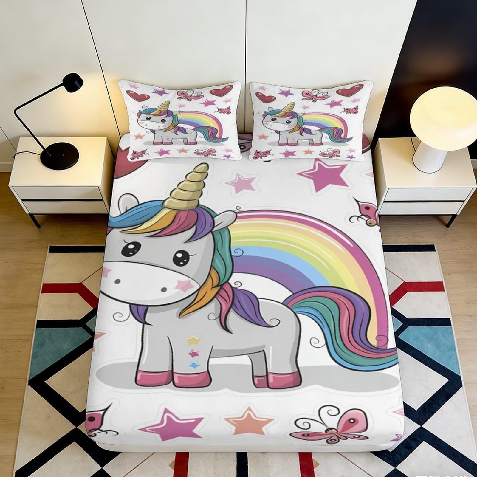 3D Printed Unicorn Rainbow Fitted Sheet Microfiber Anti-Slip Machine Washable Butterfly Mattress Cover Bedroom Decor 180x200x25cm