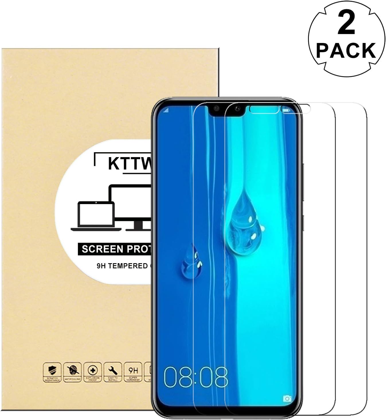 [2 Pack] Huawei Y9 2019 Screen Protector Glass,KTTWO 9H Hardness Tempered Glass Anti-Scratch Bubble-Free Screen Protector for Huawei Y9 2019