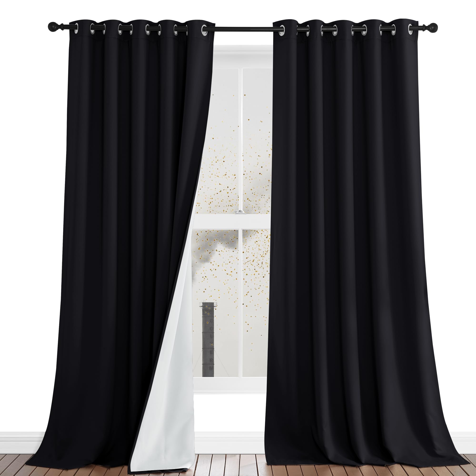 NICETOWN Sound Barrier 100% Blackout Divider Curtains 95", Airborne Particles Dust, Smoke, Pollution, Noise, Cold & Cold Blocking Drapes for Nursery/Daytime Sleep/Bedroom (Black, 2 PCs, 62" Wide)