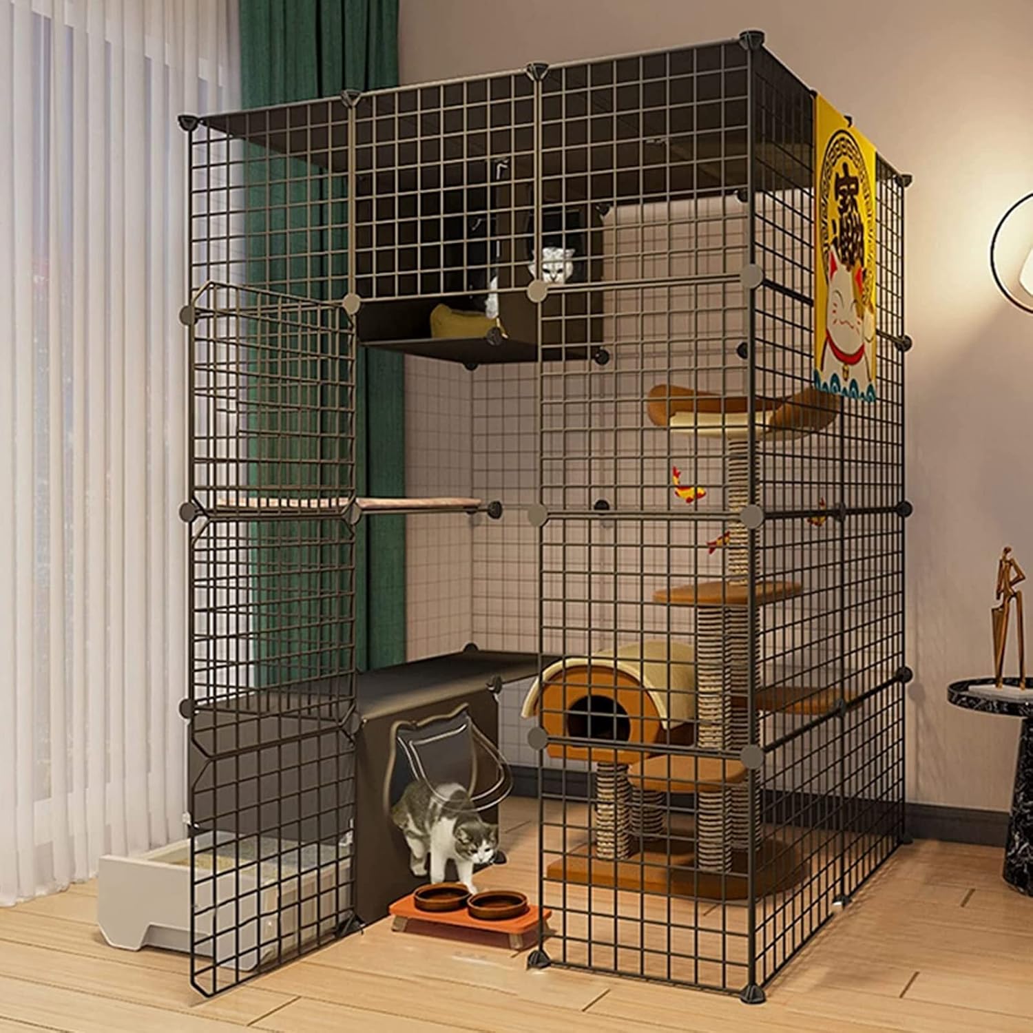 Cat Cages Indoor Litter Dog Playpens Caves Houses Box Kitten Cage Cats Outdoor Enclosures,Collapsible Cat Cage - Indoor/Outdoor Metal Playpen for Small Animals with Door, Litter Box & Portab