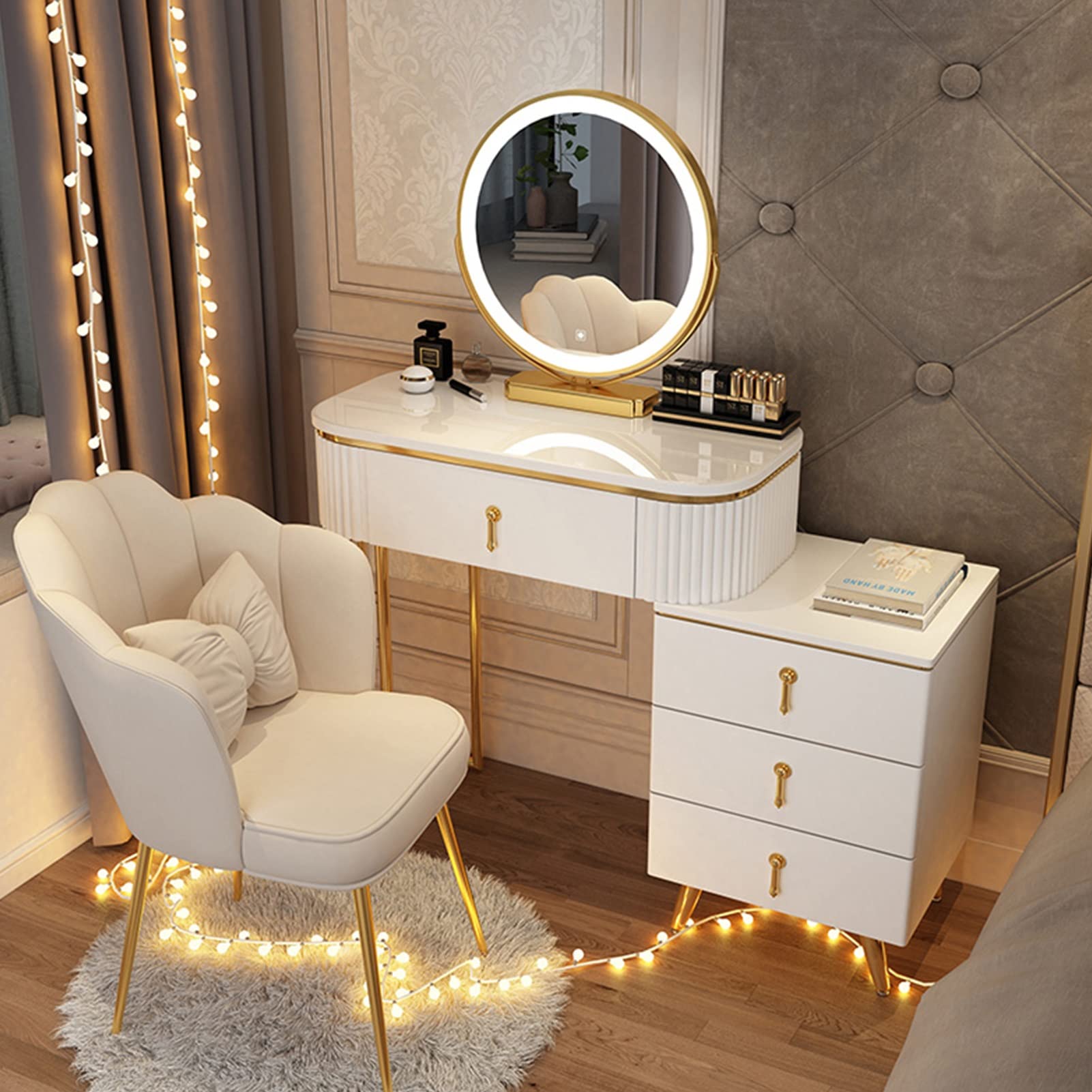 asdchZen Modern Dressing Table Set With Led Light Mirror, Movable Nightstand, Cushioned Stool, Stylish Makeup Vanity For Women & Girls-White, 100Cm/39.3In,White B-80cm/31.4in
