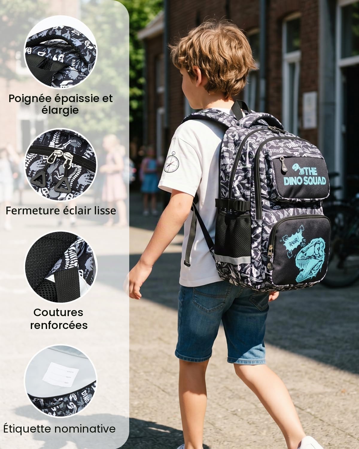Amythe Cartable École Garçons Classes de 1 à 4 Lumineux Voyage, Dinosaure | Grand Réfléchissant Compartiment Laptop Dinosaure Daypack Multi-Poches Spacieux Robuste pour École Randonnée