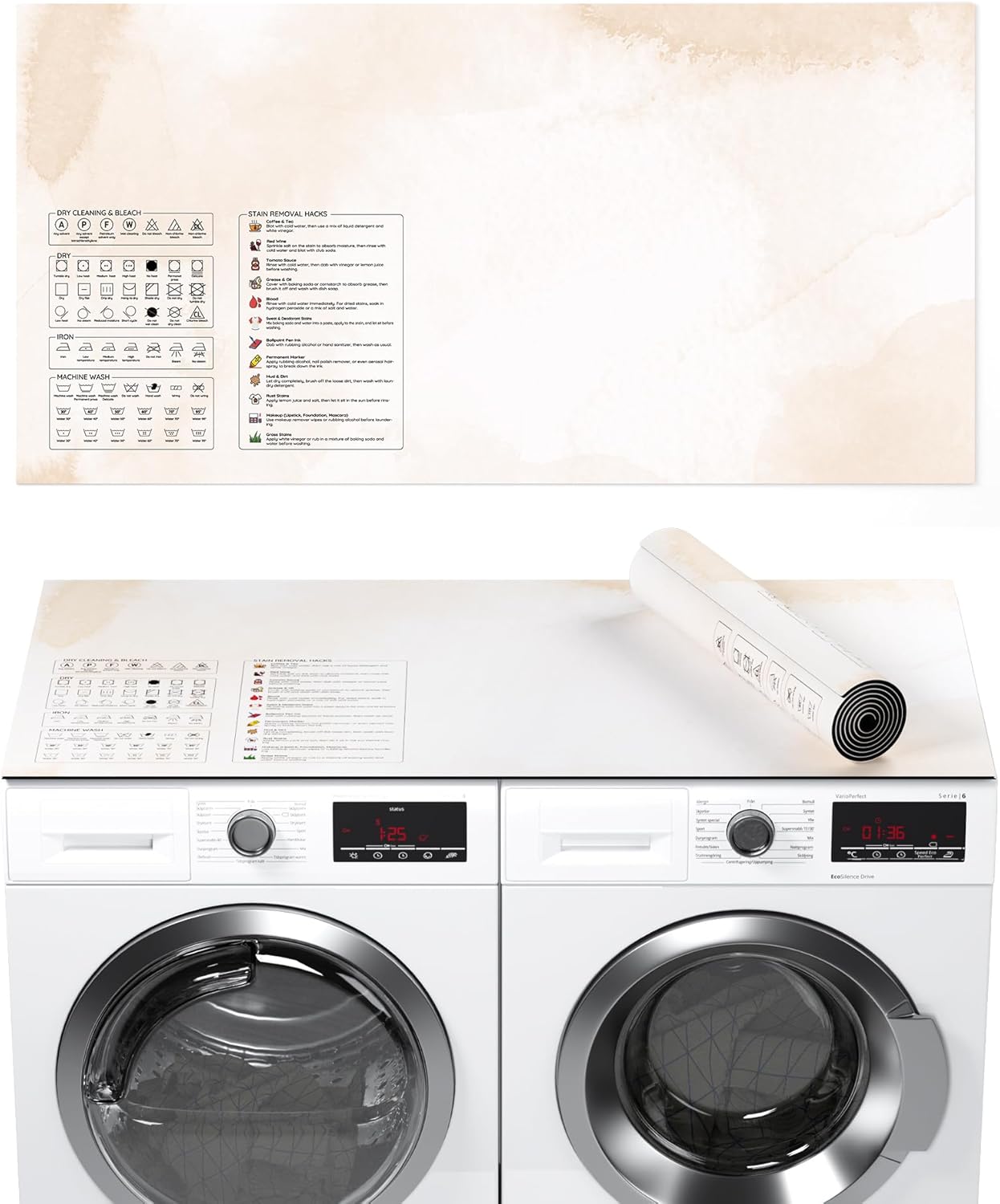 Washer and Dryer Covers for the Top, 54''×27'' Anti-Crease Rolled Packaging, Non-Slip Diatomite Countertop Mat with Laundry Symbols & Stain Removal Guide (Off-White)