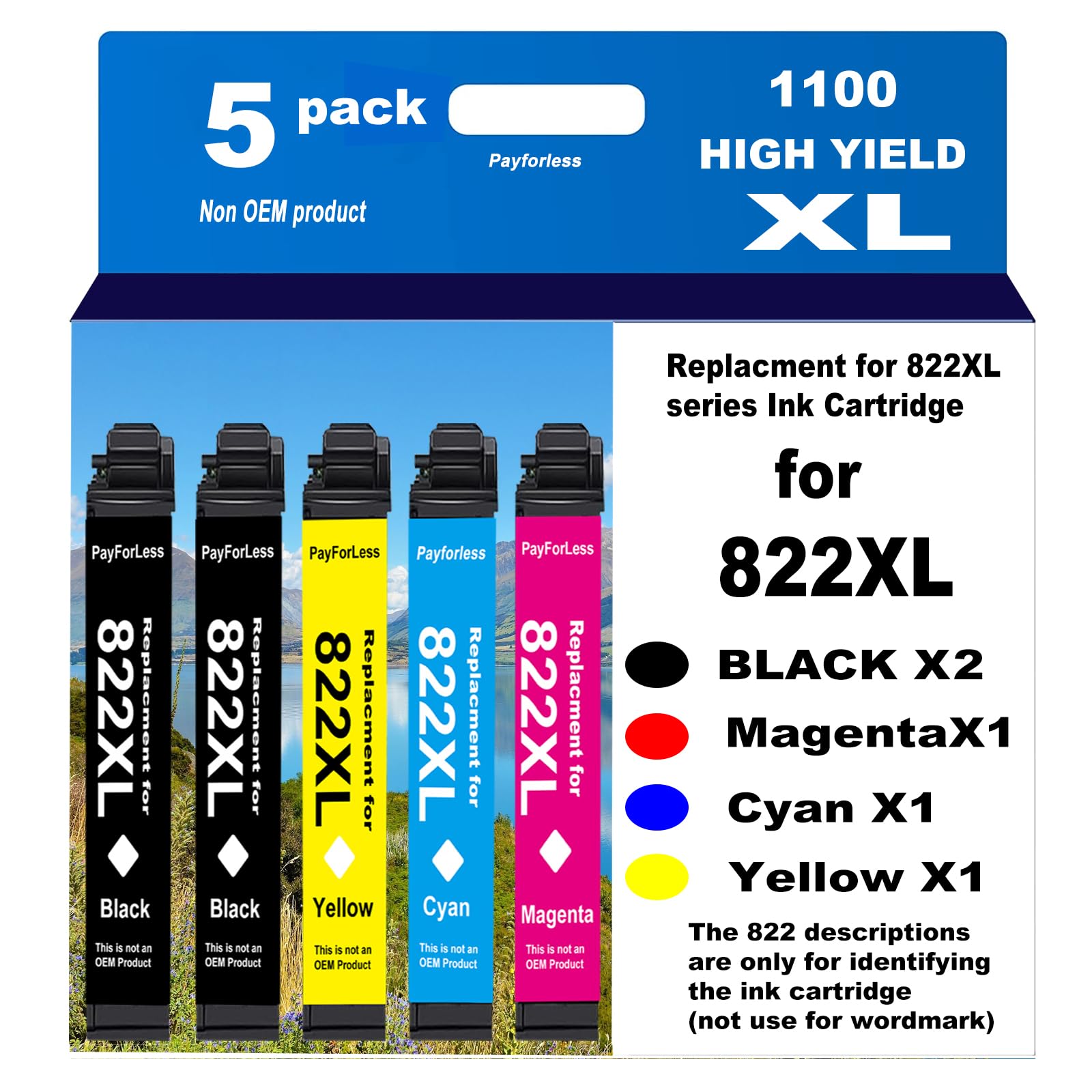822XL Remanufactured for Epson 822XL Ink Cartridges 822 XL T822 for Workforce Pro WF-3820 WF-3823 WF-4820 WF-4830 WF-4833 WF-4834 Printer 5 Pack 2 Black 1 Cyan 1 Magenta 1 Yellow
