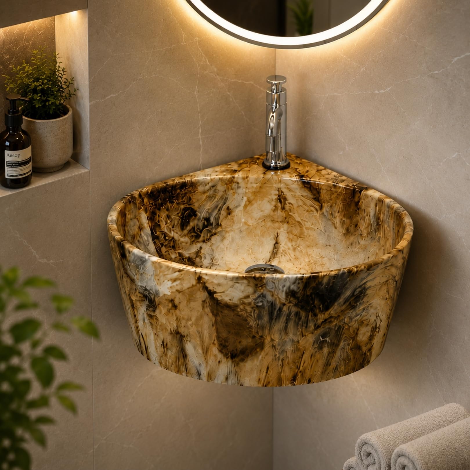Reyal Corner Sink - Space-Saving Ceramic Wash Basin -24 Reyal Corner Sink - Space-Saving Ceramic Wash Basin -24