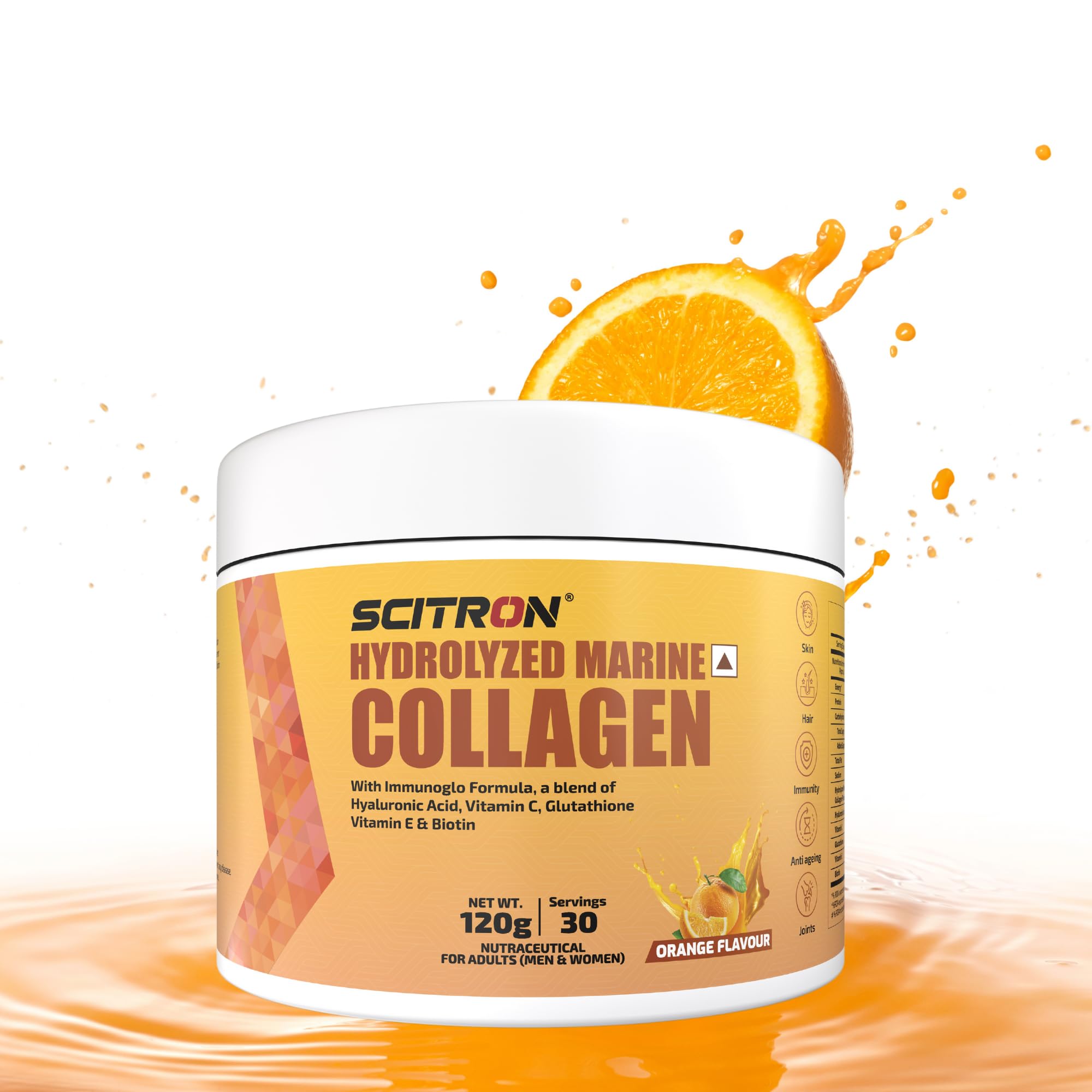Scitron Hydrolyzed Marine Collagen Peptides Orange Flavor with Hyaluronic Acid | Vitamin C | Glutathione & Biotin – Advanced Immunoglo Formula for Youthful Skin | Joint Health | Immune Support | Gluten-Free | 120g-image-12