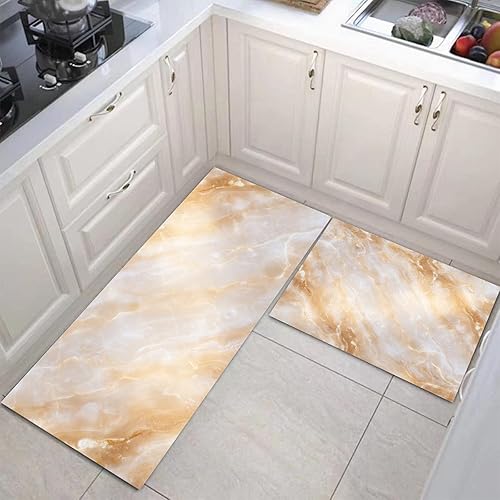 Miniatura 4 de 2Pcs Elegant Marble Texture Kitchen Mats for Floor Beige Retro Aesthetics Printed Non-Slip Washable Rugs Set Runner for Holiday Decor Entrance Porch