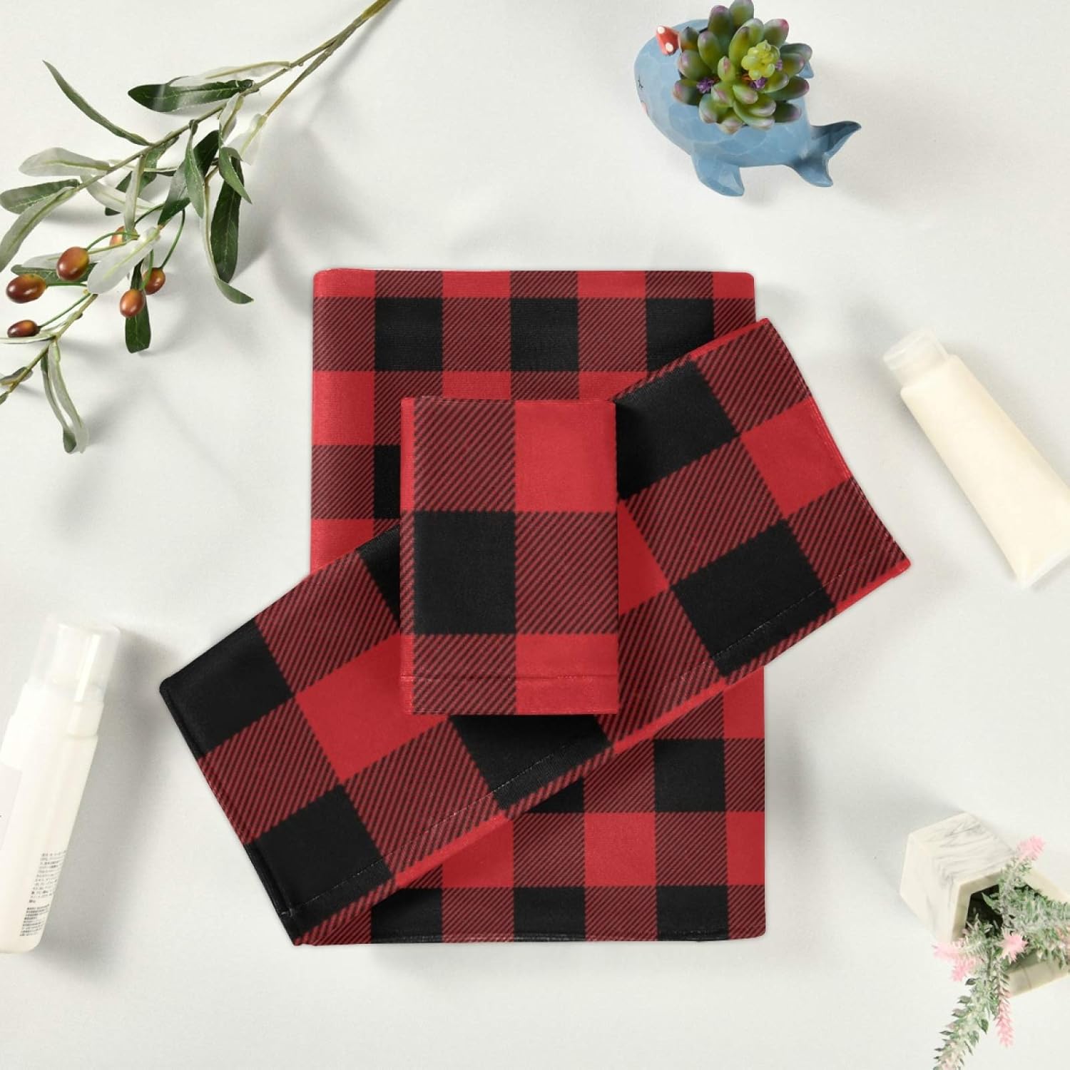 Qilmy Red Buffalo Plaid Bath Towels Absorbent Bath Towels Set Soft & Comfortable Towel Set for Home Hotel Decor, 3 Piece