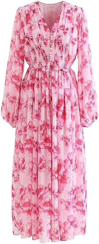 CHICWISH Womens Orange/Lilac/Black V-Neck Delicate Floral Print Buttons Shirred Chiffon Slit Maxi Dress