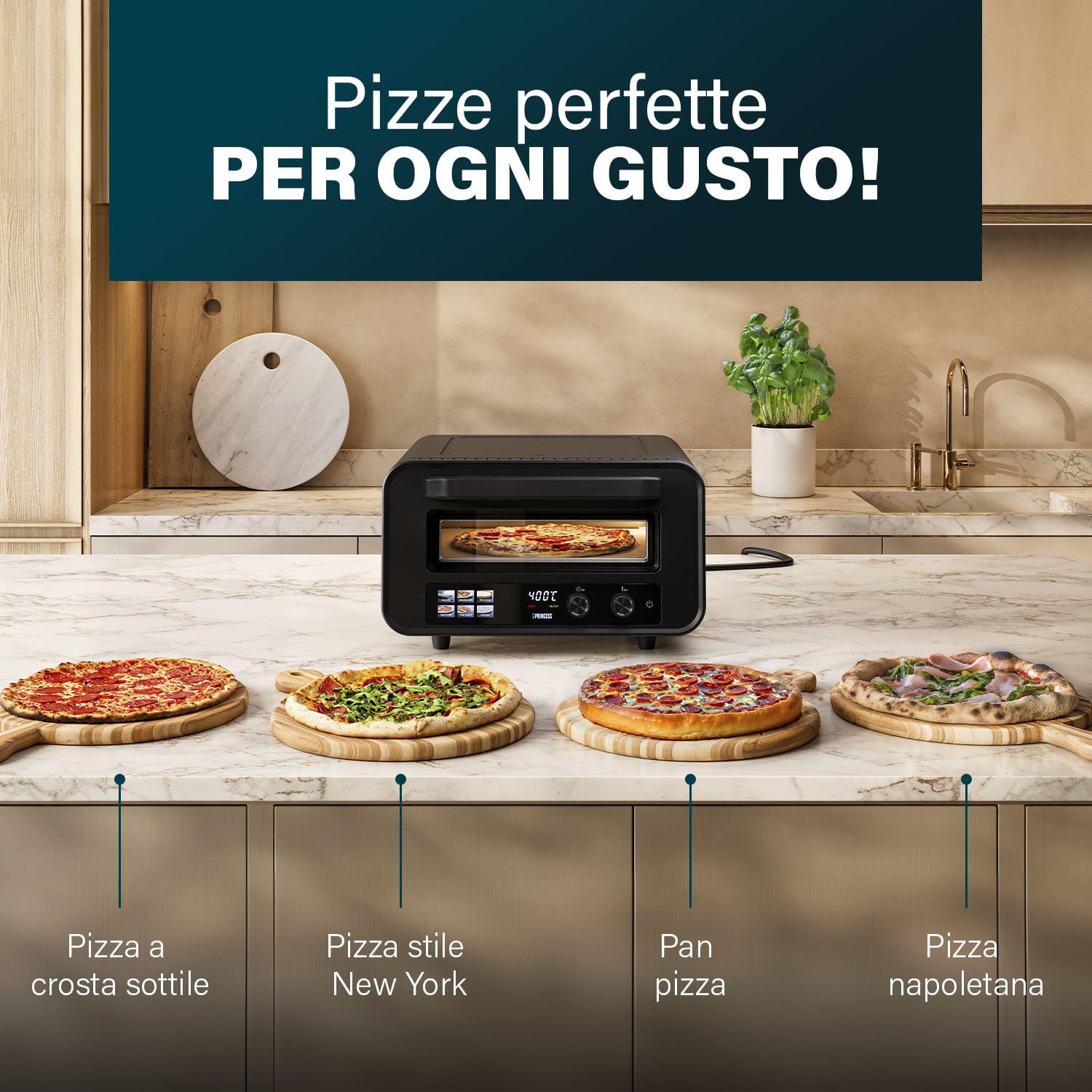 Princess Forno per Pizza Pro Max, 15L, 400°C, 2100W, Controllo Digitale, Pietra e Pala Incluse, Calore Superiore/Inferiore, Timer, Compatto e Portatile, Interno/Esterno, 112780