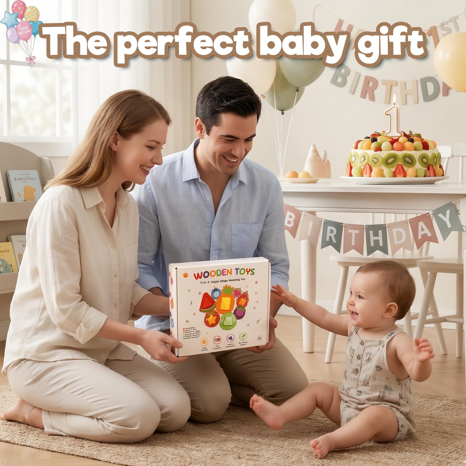 Jouet Bebe 1 an, Jeux Bebe 1 an, Jouet Montessori en Bois Cadeau Bebe 1 ans | Jeux Enfant 1 an Montessori en Bois et Acrylique avec Formes, Fruits et Légumes à Associer, Cadeau pour Garçon et Fille