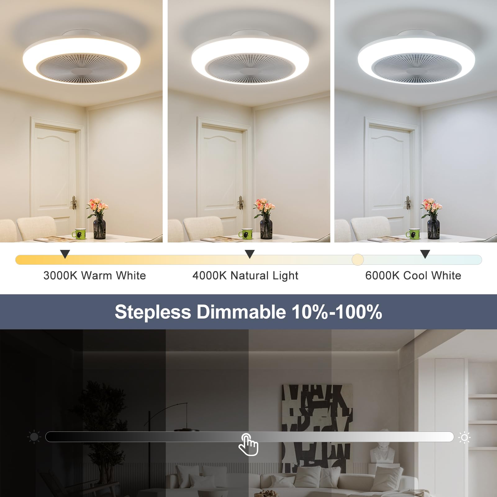 HARPER LIVING Wentylator sufitowy z oświetleniem LED i pilotem zdalnego sterowania, 50 W, 4000 lm, ściemniana lampa, 3 kolory światła, 6 prędkości, timer, cichy, do salonu, sypialni, kuchni