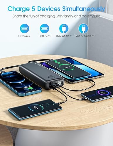 Miniatura 4 de MINRISE Cargador portátil con cables incorporados, 22.5 W, PD20W, batería de carga rápida, batería de 27,000 mAh con linterna, compatible con