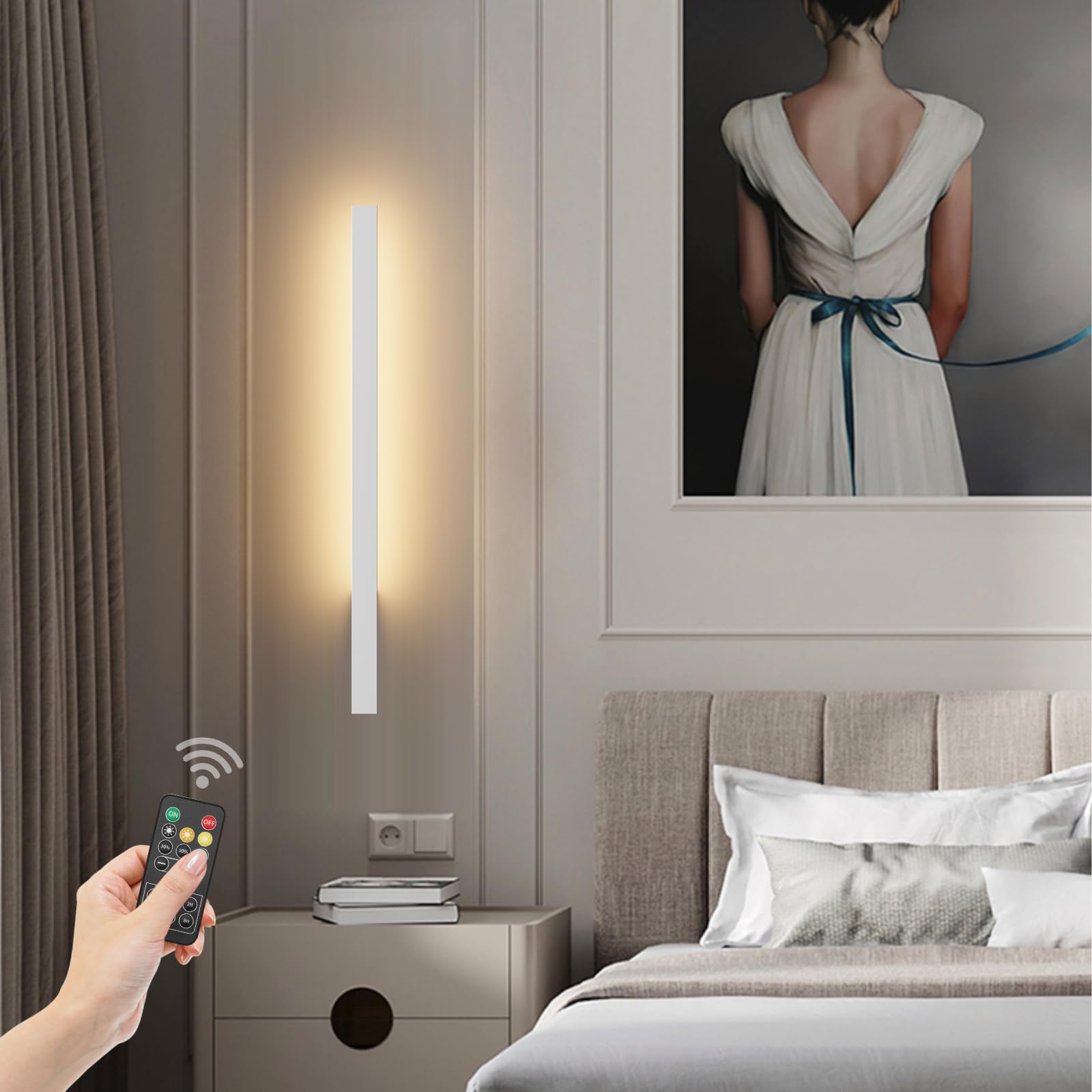 Klighten 2PCS Lámpara de pared a pilas,6000mAh Lámpara de pared LED con mando a distancia y control táctil,Aplique de batería,Aplique de Pared interior 60CM 5W,3000K-6000K,Blanco
