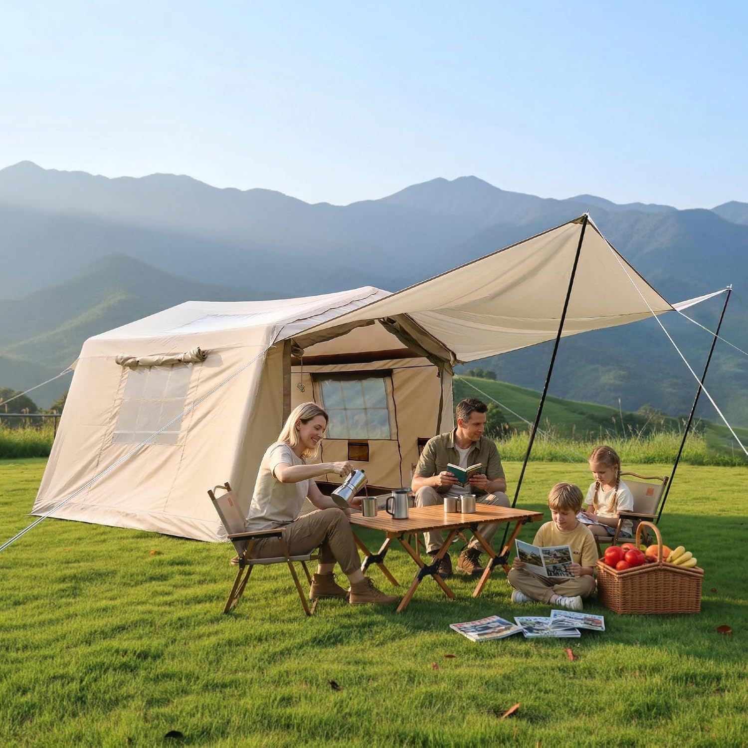 Inflatable Air Tent 8x10 FT with Pump, 4-6 Person Blow Up Camping Tent, 5 Min Setup, Reinforced Stable Structure, Waterproof 4 Season Oxford Tent with Canopy Option, Stove Jack & AC Port