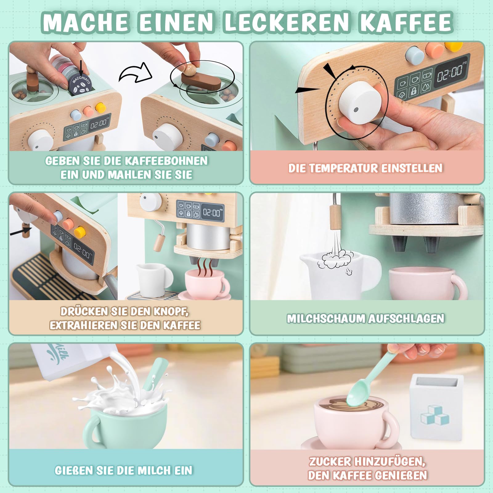 YOOHBERRYS Kaffeemaschine Kinder Holz, 22 Stück Kinderküche Kaffeemaschine, Espressomaschine Holzspielzeug mit Mühle, Spielküche Zubehör kaffeeservice Rollenspiele Geschenk für Kinder ab 3 Jahre