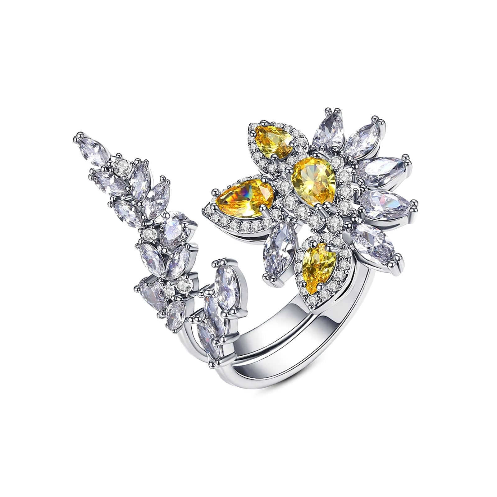 Jewel Ring Unikalna obrączka ślubna z białego złota 18-karatowa niemetalowa pieczęć (tylko moda) cytryn kwiat z białą i żółtą cyrkonią rozmiar H 1/2 popularna dla cioci biżuteria noworoczna