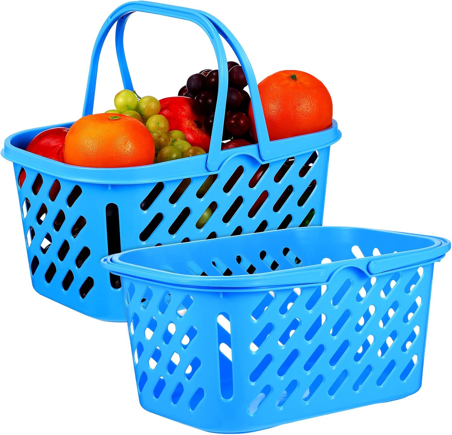 Cabilock Plastic Shopping Basket with Handle 2 Pack Small Lake Blue Grocery Baskets 12.00X8.07X5.70In Portable Toy Storage Containers for Kids and Household Organization