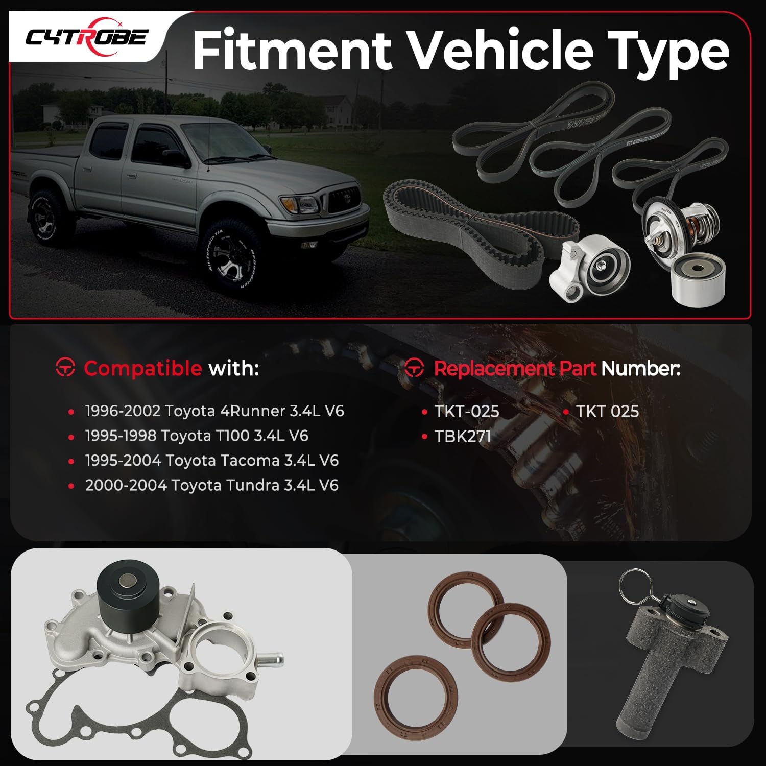Engine Timing Belt Kit with Water Pump Compatible with 1996-2002 Toyota 4Runner 1995-2004 Toyota Tacoma 1995-1998 Toyota T100 2000-2004 Toyota Tundra 3.4L V6 Replace TKT-025 TKT025