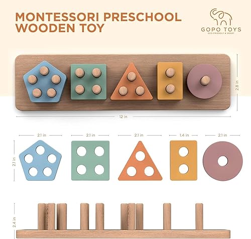 Miniatura 6 de GOPO TOYS Juguetes Montessori para niños de 1 año - Clasificador de formas de madera y rompecabezas apilables - Aprendizaje de niños pequeños,