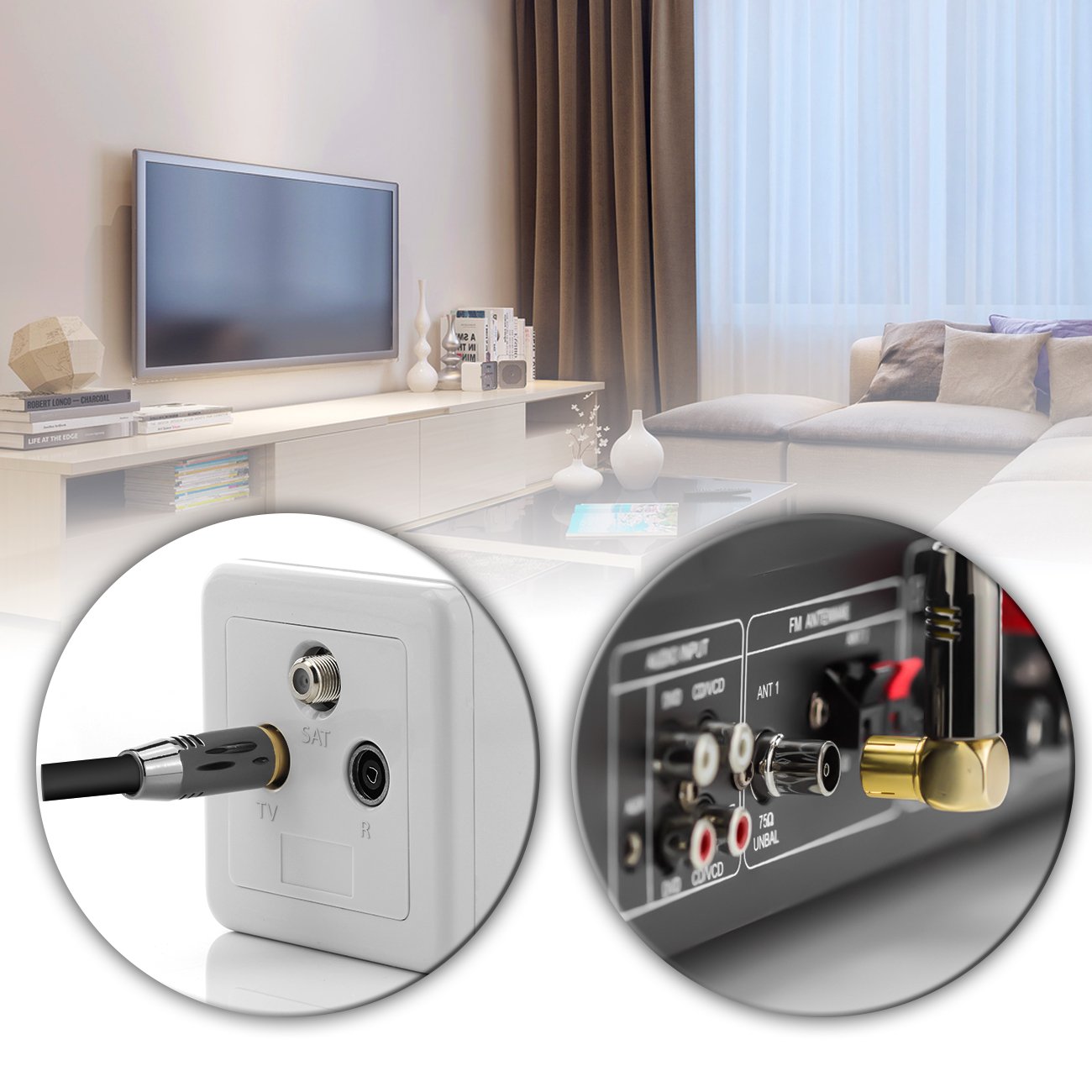 deleyCON 1,5m Cavo Antenna TV 4K Coassiale - 4K Ultra HD Full HD HDTV - 1x Spina IEC Angolata 90° a Presa IEC Dritta - TV Radio DVB-T2 - Connettori in Metallo - Nero