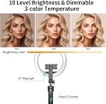Suivi automatique de visage avec rotation à 360° et lumière annulaire de 10 po, trépied pour téléphone et perche à selfie avec télécommande pour téléphone cellulaire de 4" à 7", capteur de mouvement pour enregistrement vidéo en direct Vlog