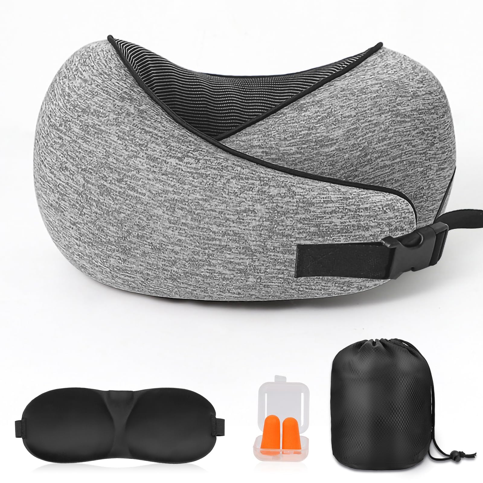 flintronic Poduszka podróżna, poduszka pod kark z pianki z pamięcią kształtu, wygodna i ergonomiczna poduszka z zatyczkami do uszu, maskami na oczy, torbą do przenoszenia, poduszka podtrzymująca głowę