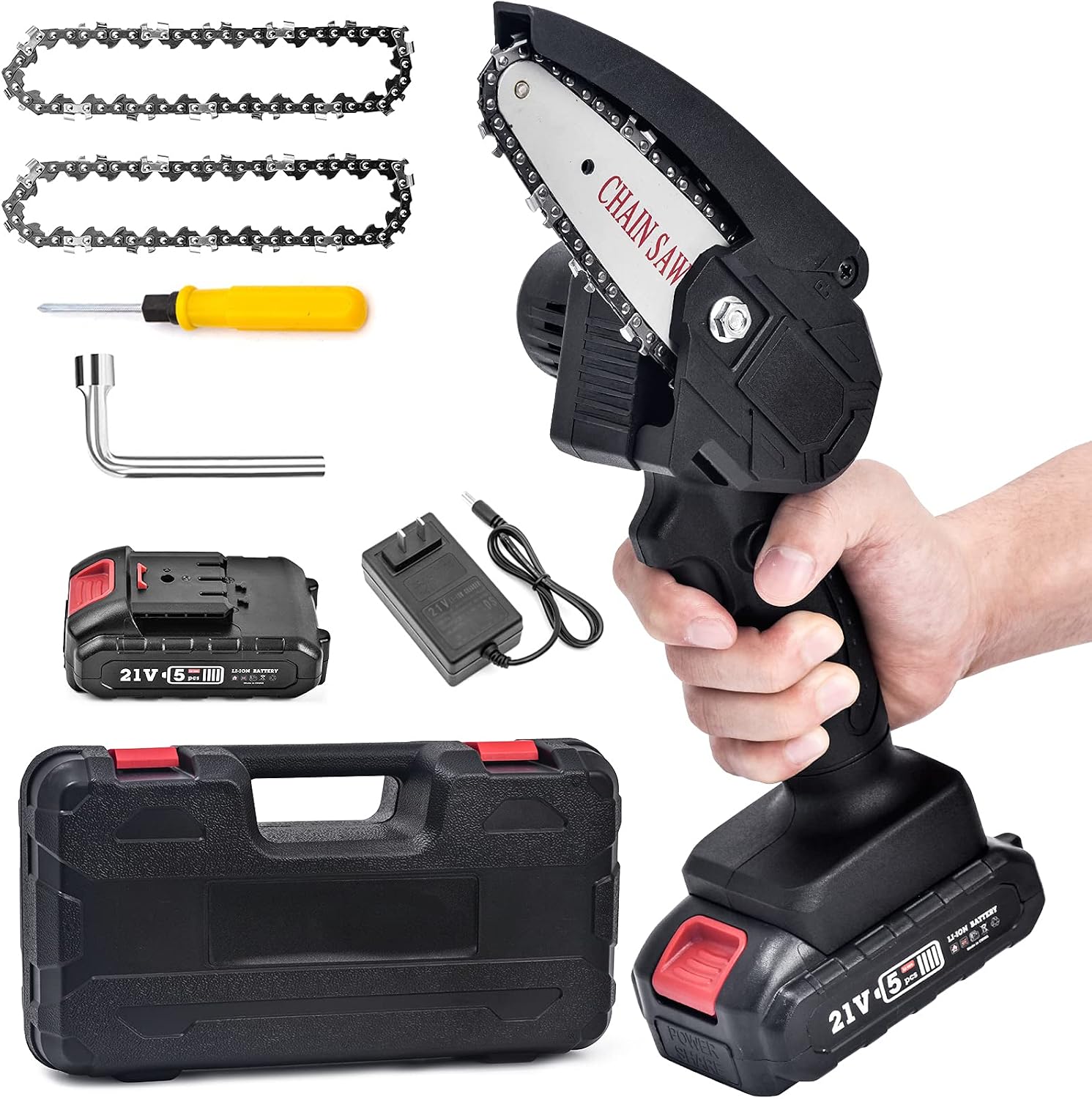 Mini Chainsaw Cordless with battery, 4-Inch Electric Mini ChainSaw with Replacement Chain & Safety Lock and Pure Copper Motor, One-Handed Portable Chainsaw for Women, Elder, Man