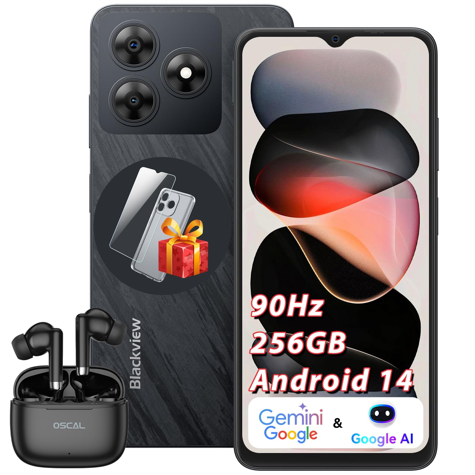 Blackview Android 14 WAVE 8 Smartphone, 12/256GB 2TB TF,6,56" 90Hz Display, 5000mAh, 13MP+8MP/Face ID/Fingerprint/FM/OTG/GPS/3.5mm Jack/Dual SIM, Octa-Core Cellular