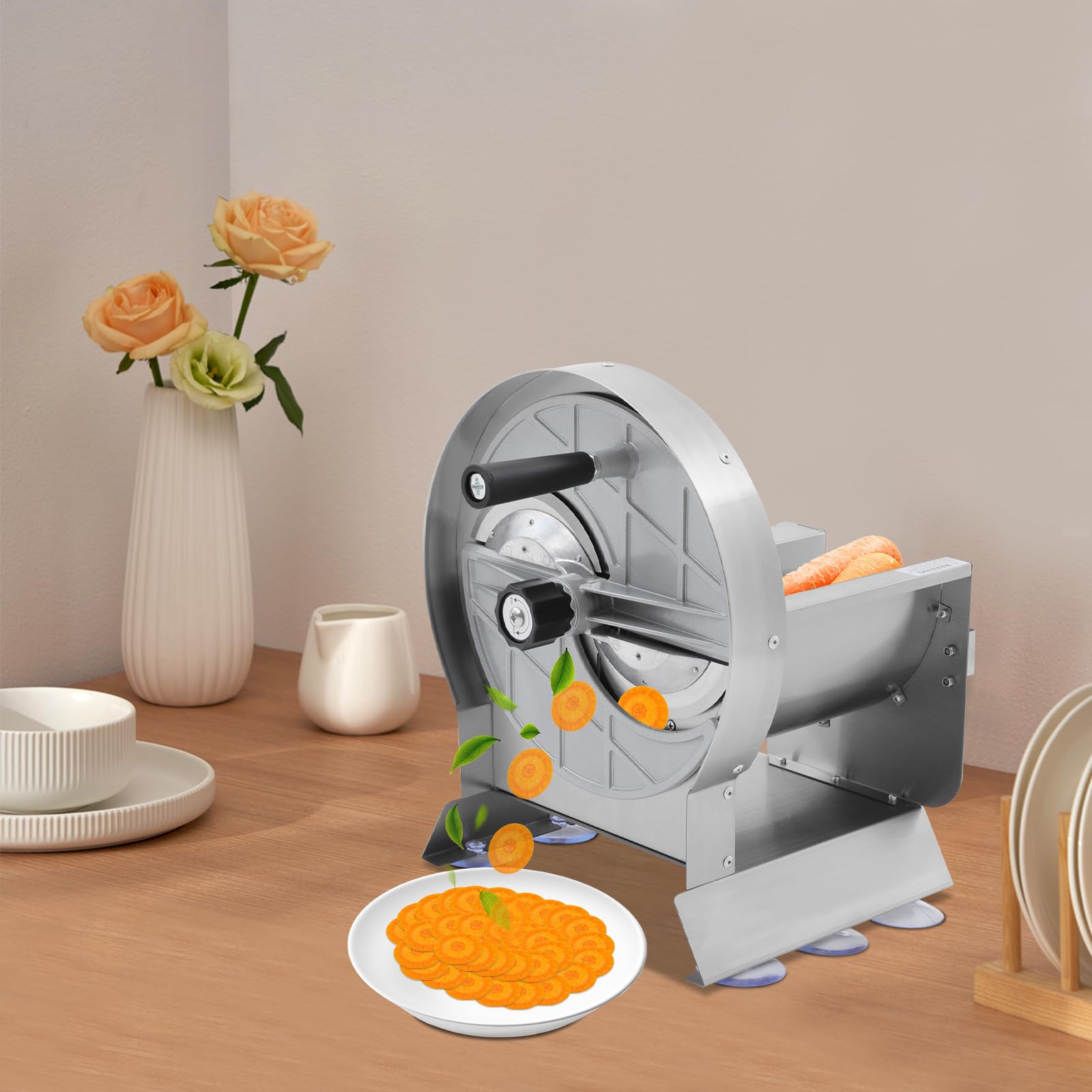 Gemüseschneidemaschine Tischgerät, Manuell Edelstahl-Schneidegerät mit 6 Saugnäpfen Ø 1-10 mm, Schnittdicke Einstellbarer Hobel, Gemüseschneider Gemüse-Cutter für Gastronomie