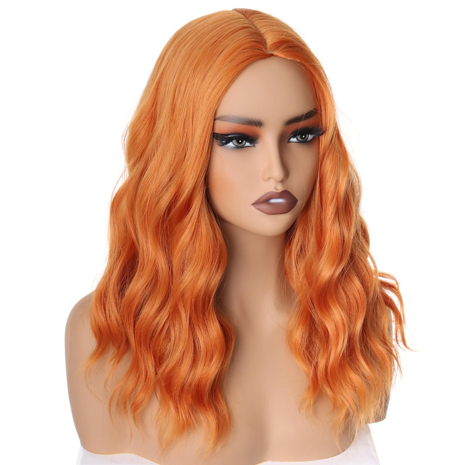 PORSMEER Natural Looking Wavy Curly Bob Hair Wigs for Women Shoulder Length Orange Full Wigs with Middle Part for Daily Use or Cosplay Party,14inch - Image 3