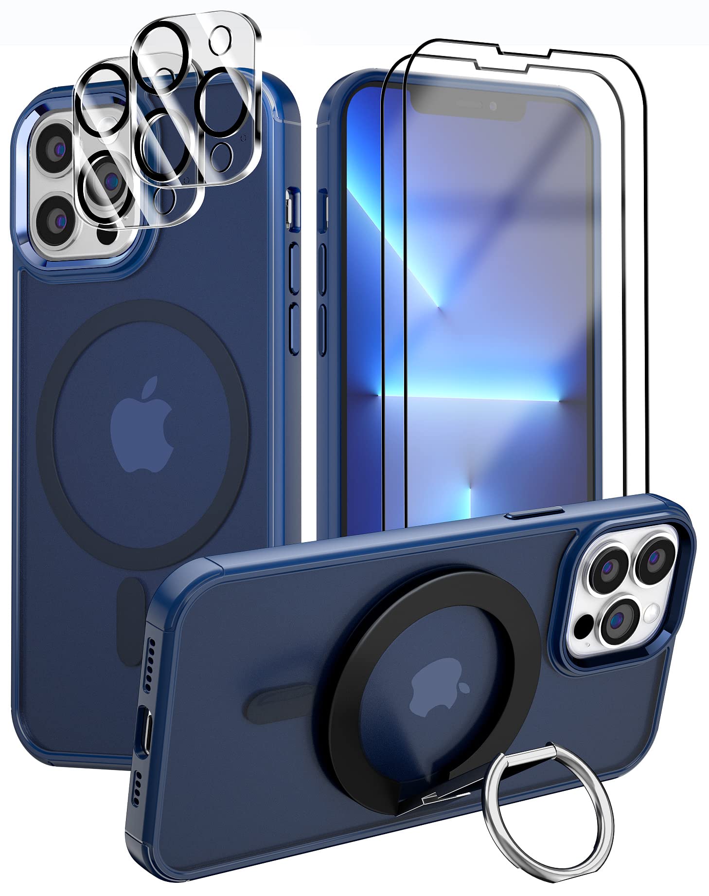 ZQE Magnetic for iPhone 13 Pro Max Case [Compatible with MagSafe], 2 Screen Protector, Magnetic Phone Ring Holder & 2 Camera Lens Protector, Translucent Back Slim Phone Case, Dark Blue
