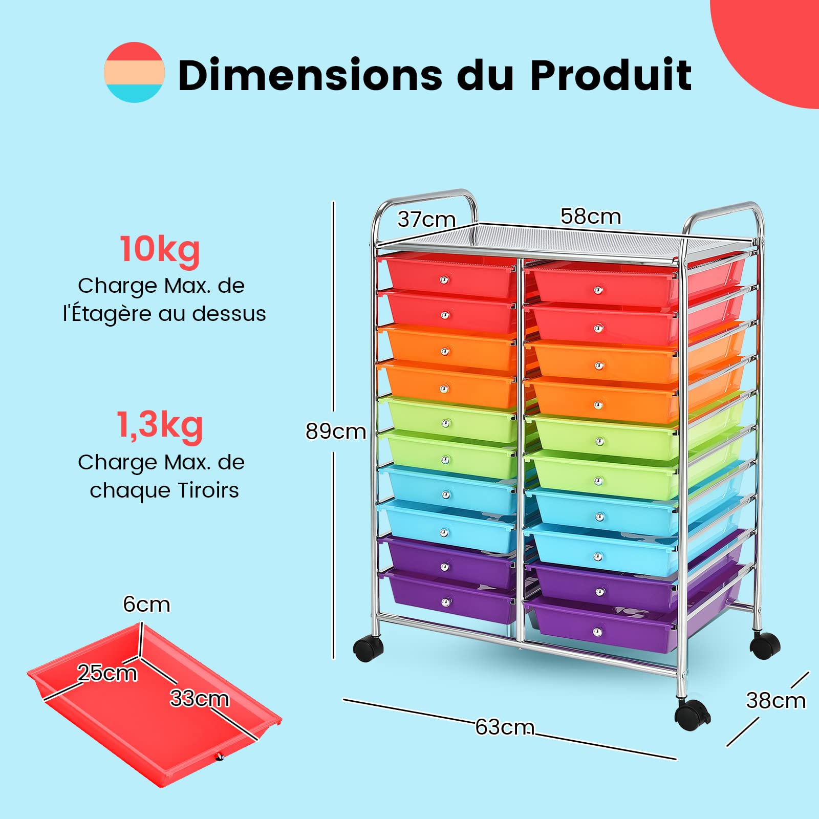 GOPLUS Chariot de Rangement 20 Tiroirs, Tour de Rangement à roulettes, Cadre en Acier, pour Chambre, Bureau, 64 x 38 x 87 CM, Multicolore