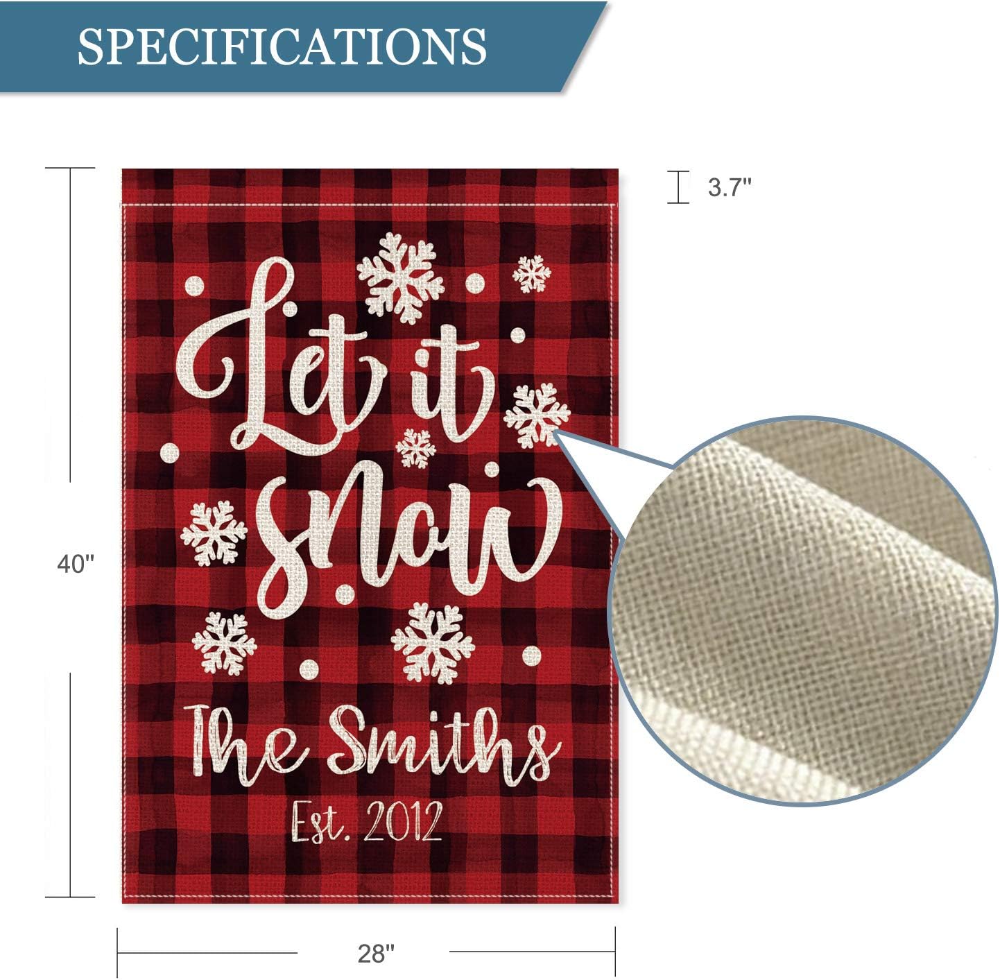 Smile Personalized Christmas Snowflakes House Flag, Let it Snow Customized Family Name and Established Year Buffalo, Double Sided 28 x 40 Inch Rustic Farmhouse Burlap Yard Outdoor Decoration