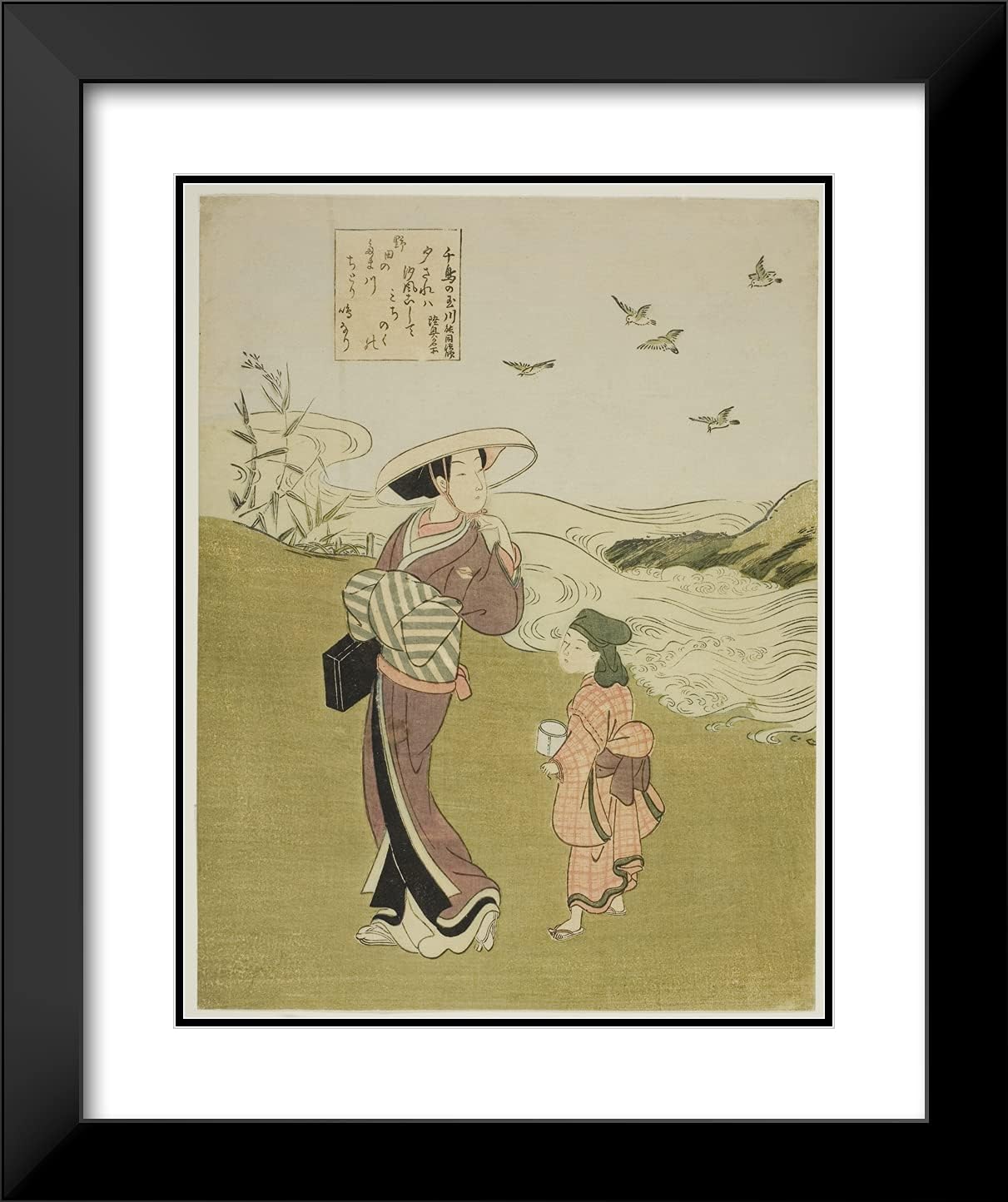 ArtDirect Suzuki Harunobu 20x24 Black Modern Framed and Double Matted Art Print Titled The Jewel River of Plovers (Chidori no Tamagawa), from an Untitled Series of Six Jewel Rivers