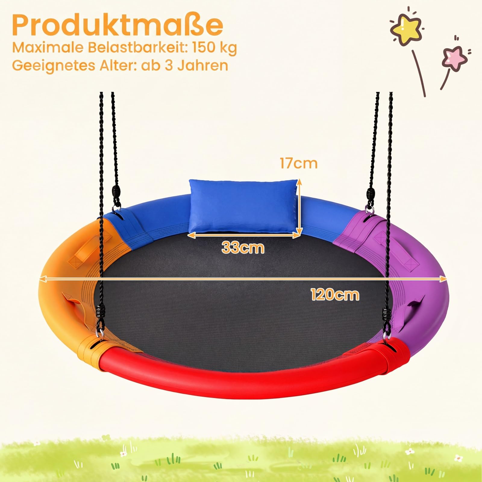 COSTWAY Huśtawka gniazdowa z poduszkami i uchwytami, huśtawka dziecięca z linką o regulowanej wysokości 100-180 cm, obciążenie do 150 kg, dla dzieci i dorosłych, do użytku wewnątrz i na zewnątrz, 120