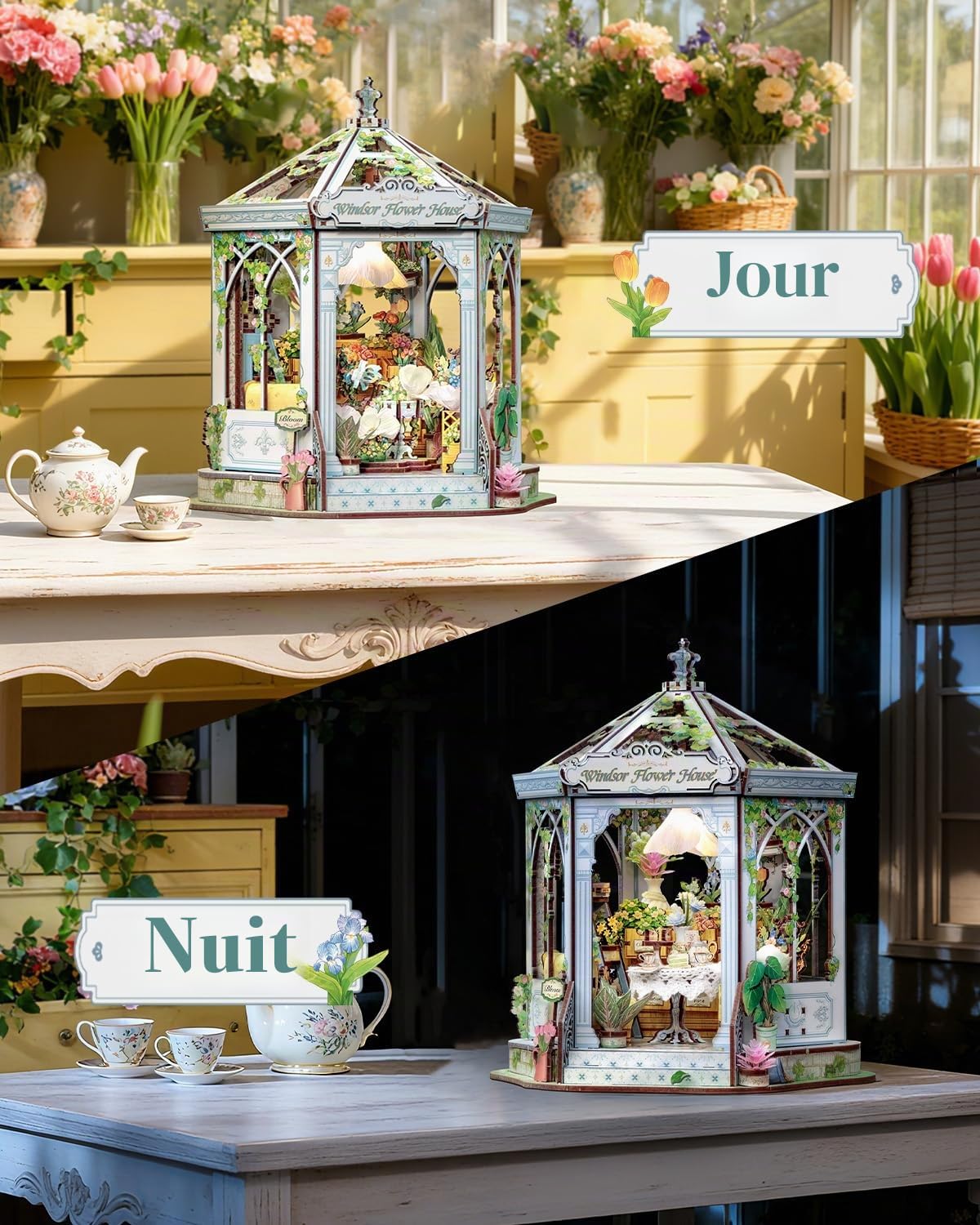 CUTEBEE Book Nook Puzzle 3D Rétro Européen - Kit à Assembler Maison de Poupée Jardin d'hiver, Décoration de Bibliothèque & Cadeau pour Adultes et Adolescents (Windsor Flower House)