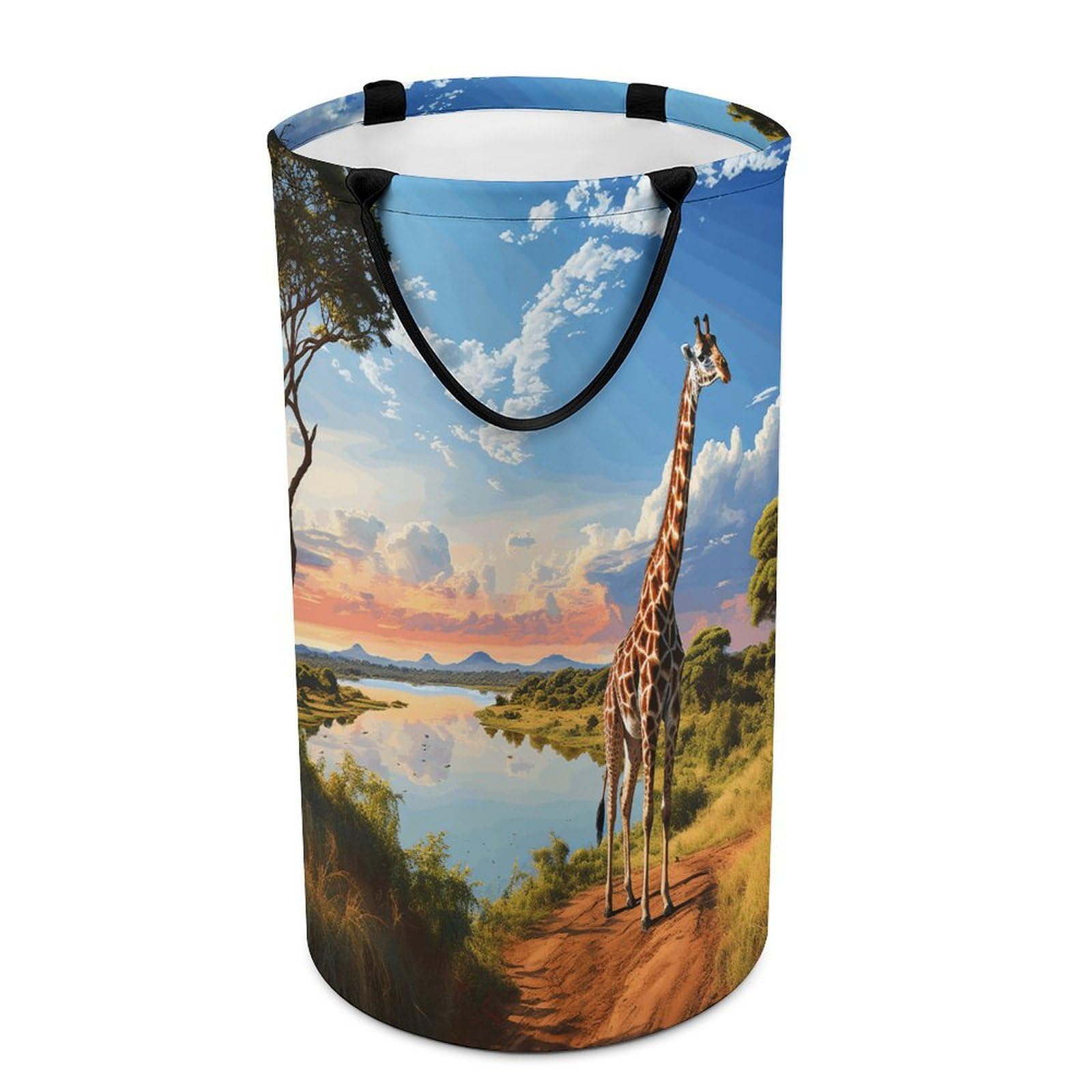 African Landscape with Nile River And Giraffe Laundry Basket Waterproof Laundry Hamper Freestanding Collapsible Clothes Hamper with Reinforced Handles 86L Large Foldable Tall Clothes Basket for Bathro