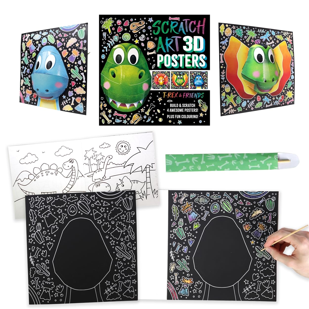 Scratch Art 3D Posters: T-Rex & Friends (Create 4 awesome pop-out posters!)