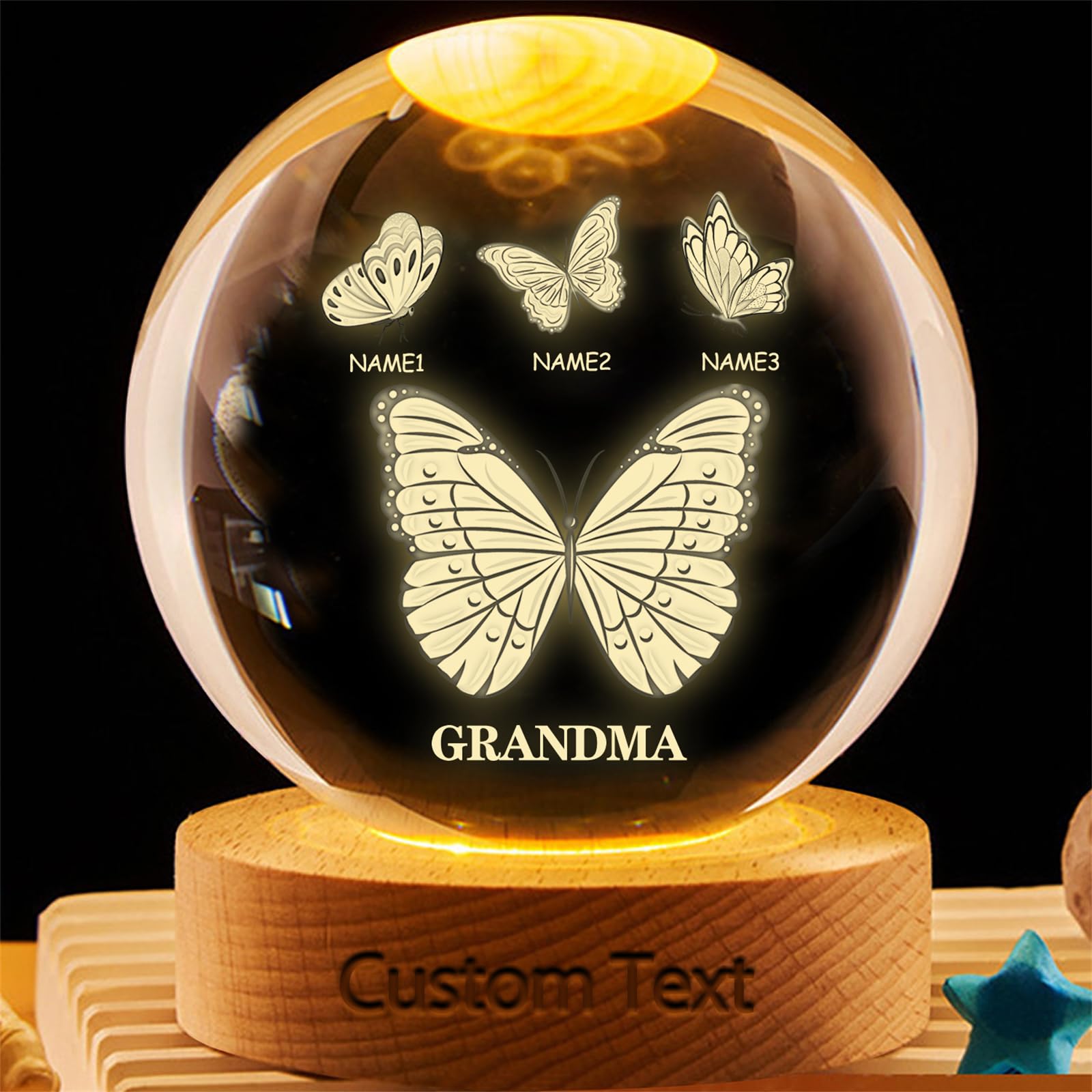 Wasetell Personalized Grandma Butterfly Crystal Ball Lamp Custom Grandma Ball Night Light with Grandkids Names Family Keepsake Gift from Grandkids Memorial Home Decor Mothers Day Birthday Decor,02