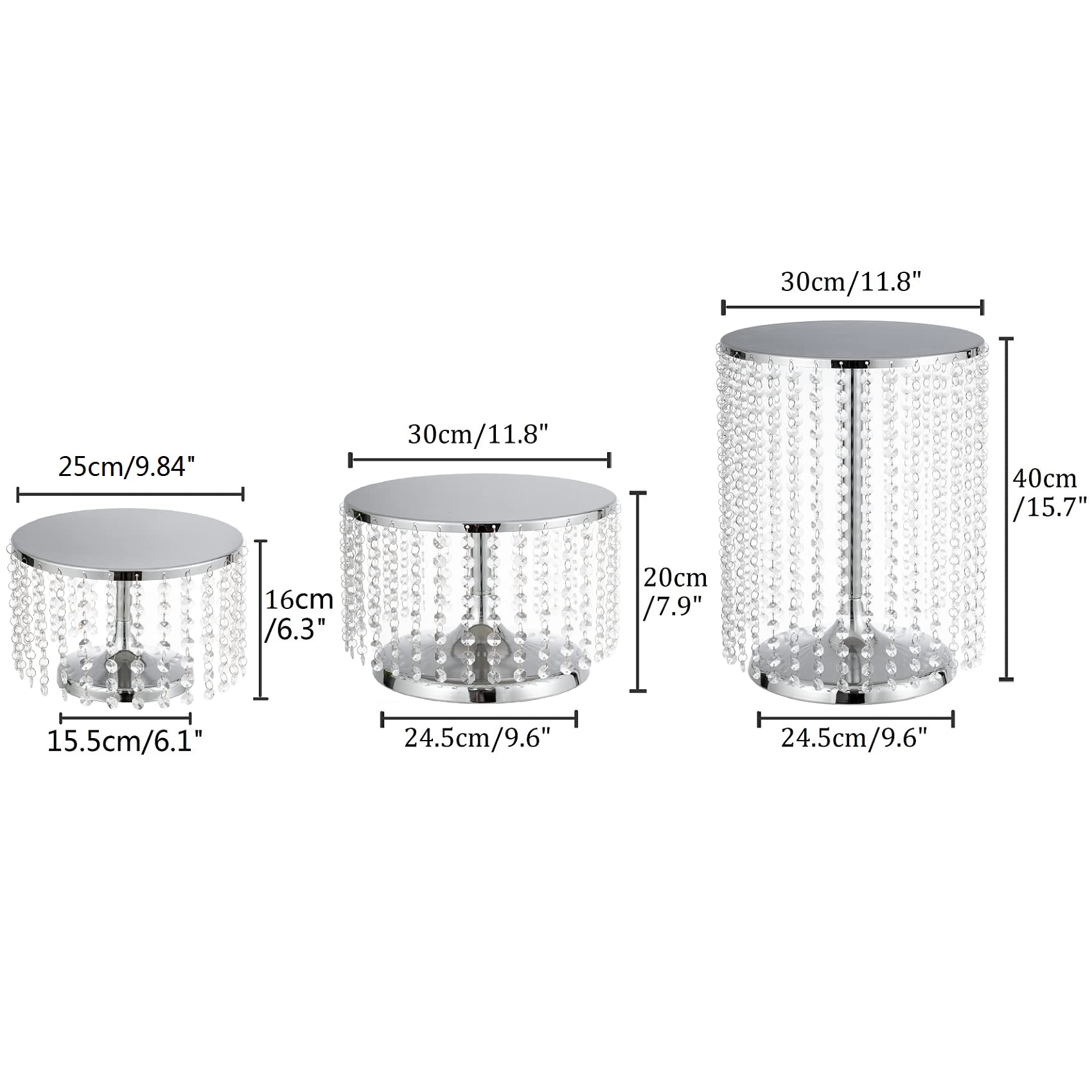 LoveCat Kuchen Ständer, Runde Metall Kuchen Stand, Acryl Anhänger Kuchen Display Ständer, Charming Kuchen Halter Racks für Geburtstagsparty Bankett Hochzeit Jubiläum Weihnachten (Silver, 3 pcs)