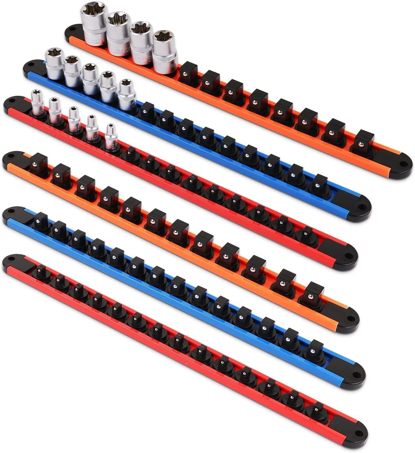 HORUSDY 6PC 360° Swivel ABS Socket Organizer, 1/4-Inch x 28 Clips, 3/8-Inch x 28 Clips, 1/2-Inch x 24 Clips, Premium Quality Socket Holders