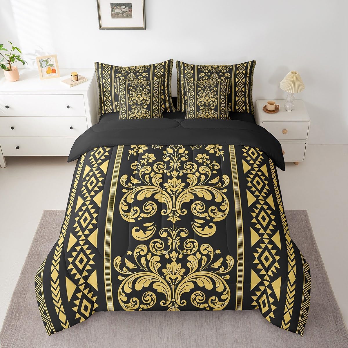 Comforter Set Twin Size, Black Gold Damask Aztec 7 Pcs Bedding for Kids and Adults, Antique Decor Western Baroque Gothic Bed Sheet Sets with Fitted Sheet 2 Pillowcases & 2 Shams for Bedroom Bed Decor