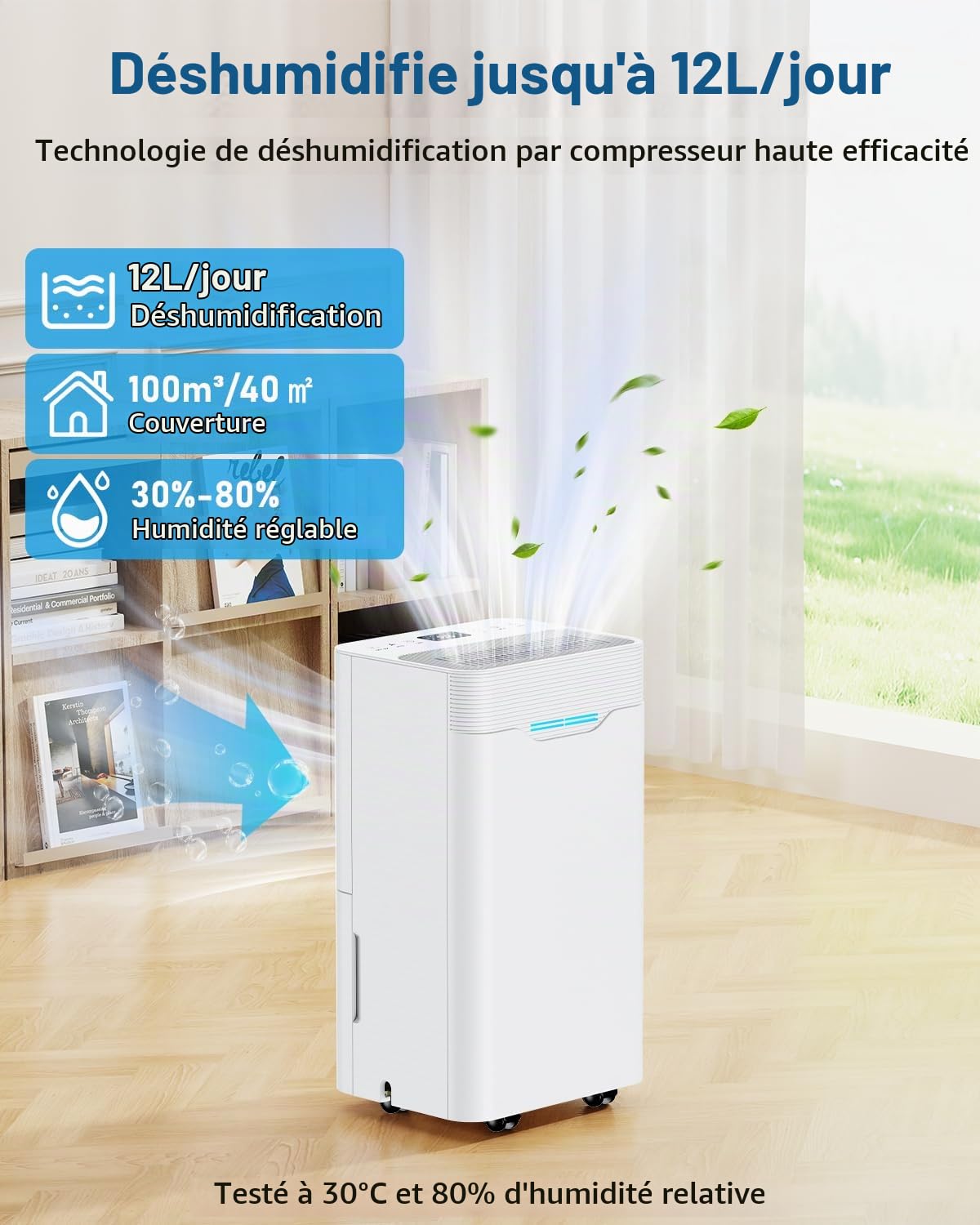 Déshumidificateur 12L/Jour, Déshumidificateur Electrique avec Minuterie 24 H, 3 Modes, Arrêt Automatique, Drainage Continu, pour Maison 100m³, pour Salles de bains, Chambres, Blanc