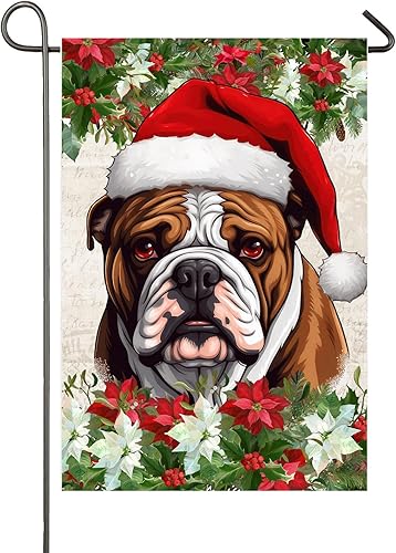 Bandera de jardín de perro de Navidad con sombrero de Papá Noel, bandera de 12 x 18 pulgadas, doble cara para exteriores, Navidad, decoración de