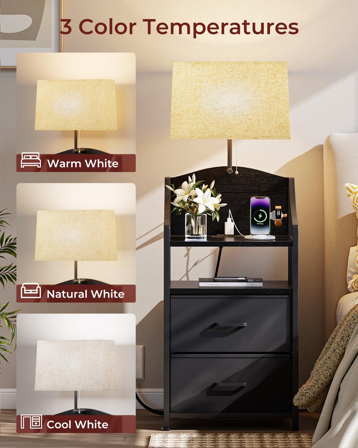Evermagin Set di 2 comodini alti 114,3 cm con luce, comodino con stazione di ricarica, porte USB e uscite, comodino con 2 cassetti in tessuto, per camera da letto, dormitorio, nero