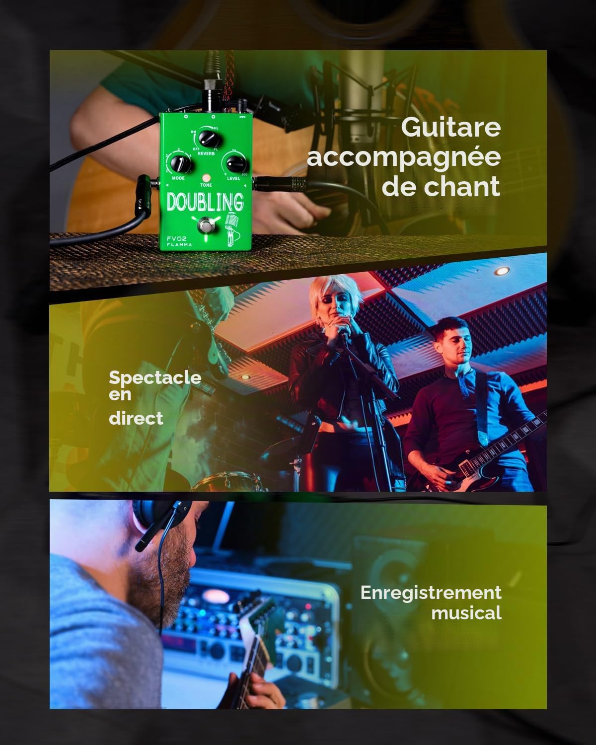 FLAMMA FV02 Processeur vocal Pédale d'effets de doublage Voix Dupliquer les effets vocaux Stompbox Amplificateur de micro avec effets de chorus de réverbération Prend en charge plusieurs modes vocaux