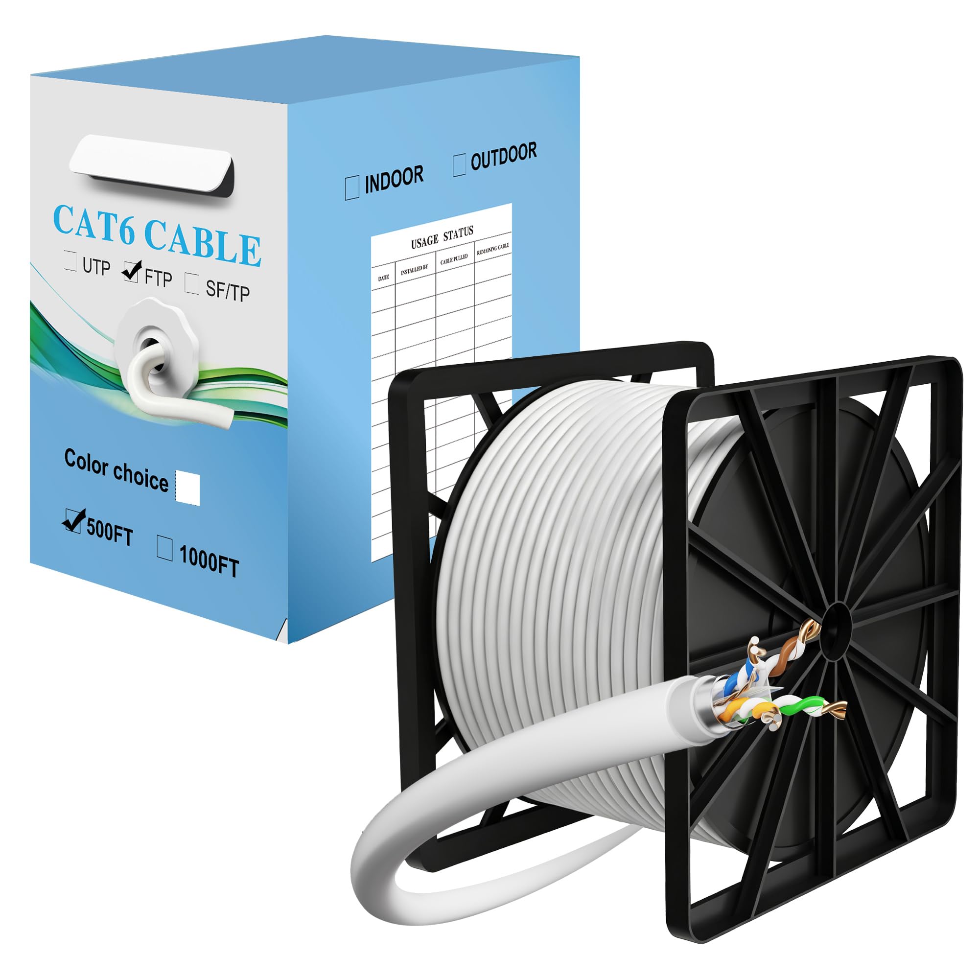 Câble Ethernet d'extérieur Cat 6 en vrac – Boîte facile à tirer, câble de raccordement FTP long réseau Internet RJ45 LAN, 23 AWG CCA solide, anti-UV, étanche, enfouissement direct pour routeur de jeu