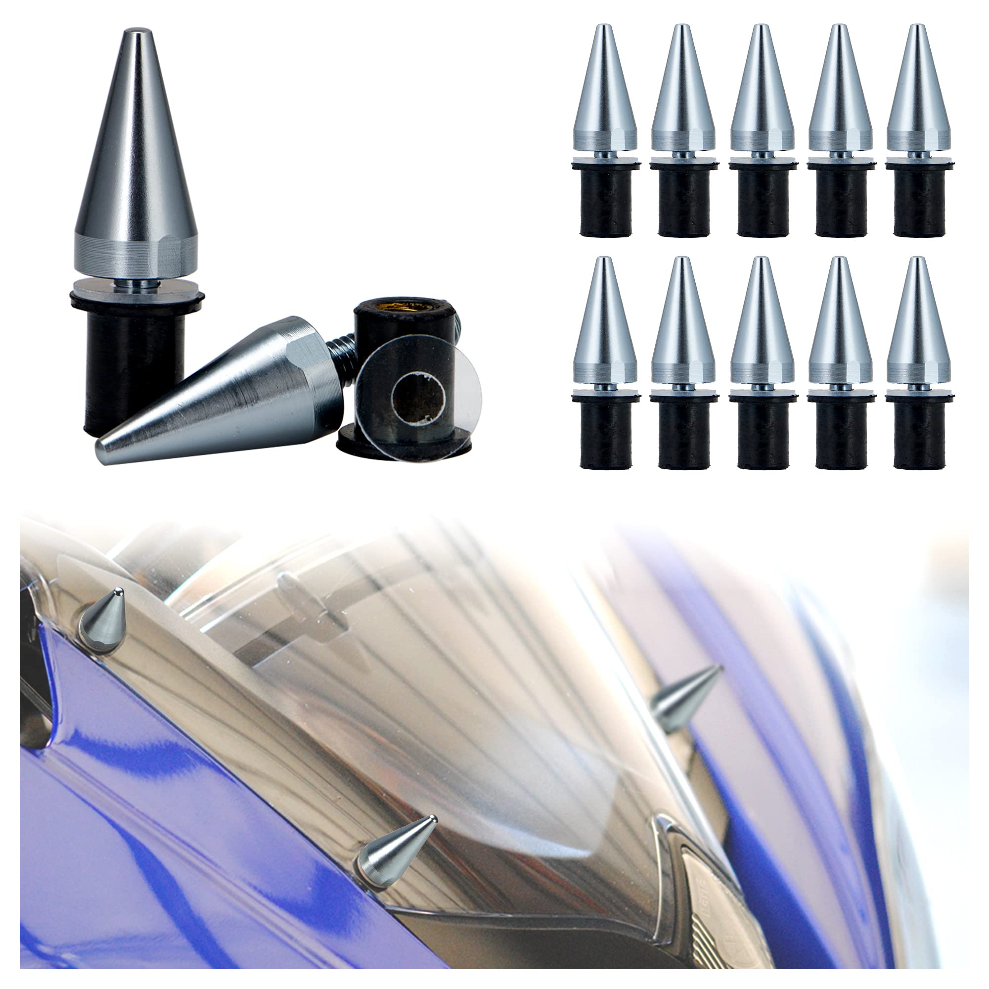 Rolling Gears 10-Piece Aluminum Spike Motorcycle Universal Fit Fairing Bolts Windshield Screws Set, Anodized M5 x 15mm Windscreen Bolts with Washers